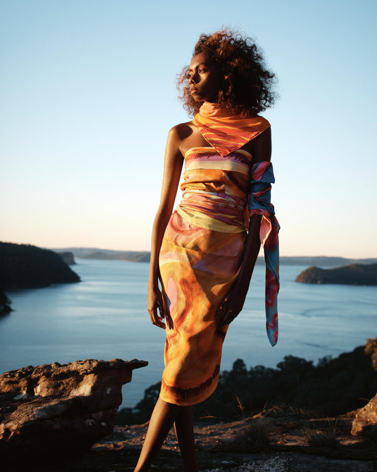 Photo of Samala Cronin taken by Vogue Australia, draped in the silk scarves